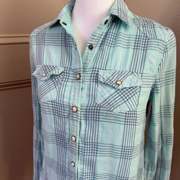 American Eagle Pearl Snap Plaid Shirt Navy Aqua Long Sleeve Size 2 Y2K Grunge - Picture 2 of 8